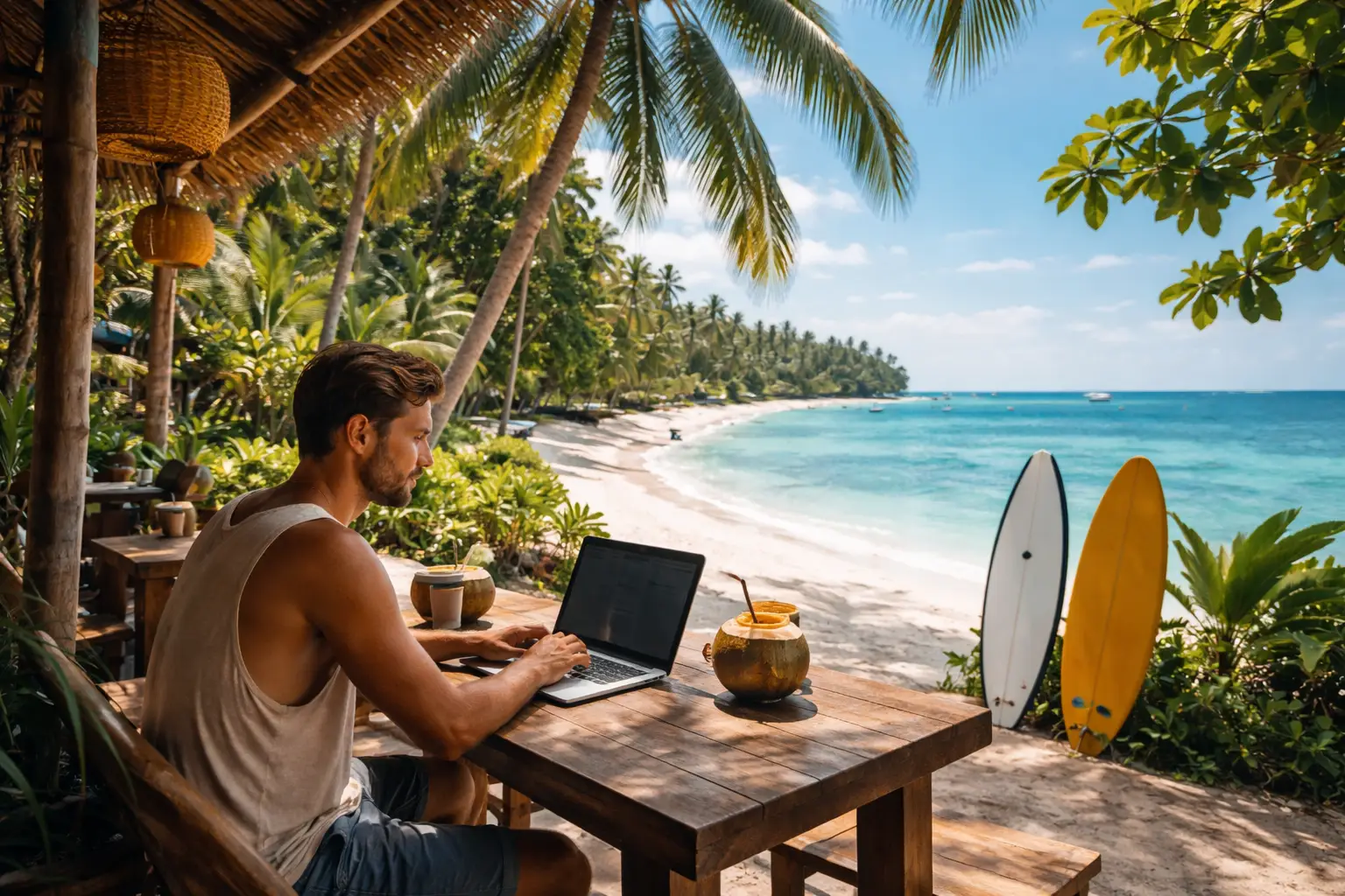 Siargao digital nomad lifestyle in Siargao Philippines, young remote worker using laptop in beach cafe with coconut palm trees and turquoise ocean background, surfboards nearby