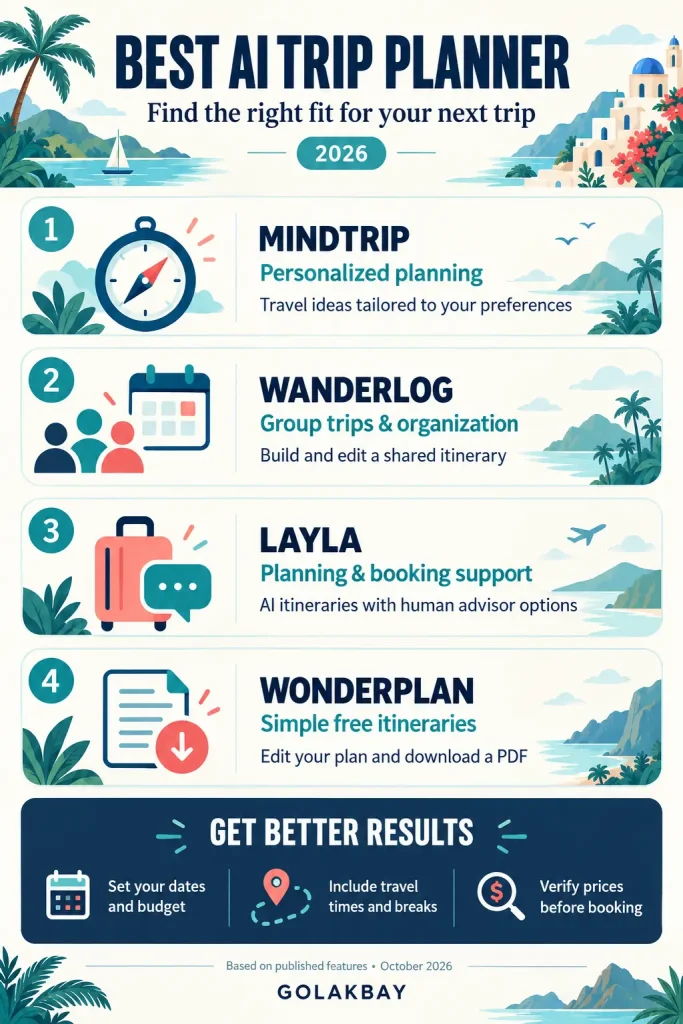Best AI Trip Planner Infographic comparing Mindtrip, Wanderlog, Layla, and Wonderplan, with tips for planning your next trip using AI.